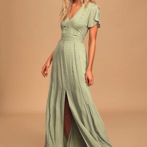 Lulu’s Completely In Love Sage Green Swiss Dot Button-Front Maxi Dress